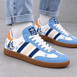 Bluey Light Blue Character And Playful Paw Pattern Adidas Samba OG Graphic Shoes NDN Shoes Worn Mockup