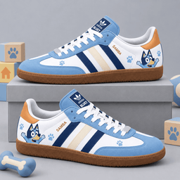 Bluey Light Blue Character And Playful Paw Pattern Adidas Samba OG Graphic Shoes NDN Shoes Product Mockup