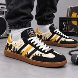 Batman Black Yellow Gotham Skyline And Hero Emblems Adidas Samba OG Graphic Shoes NDN Shoes Worn Mockup