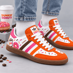 Dunkin Donuts Orange Pink Cups And Cheerful Donut Treats Adidas Samba OG Graphic Shoes NDN Shoes Worn Mockup
