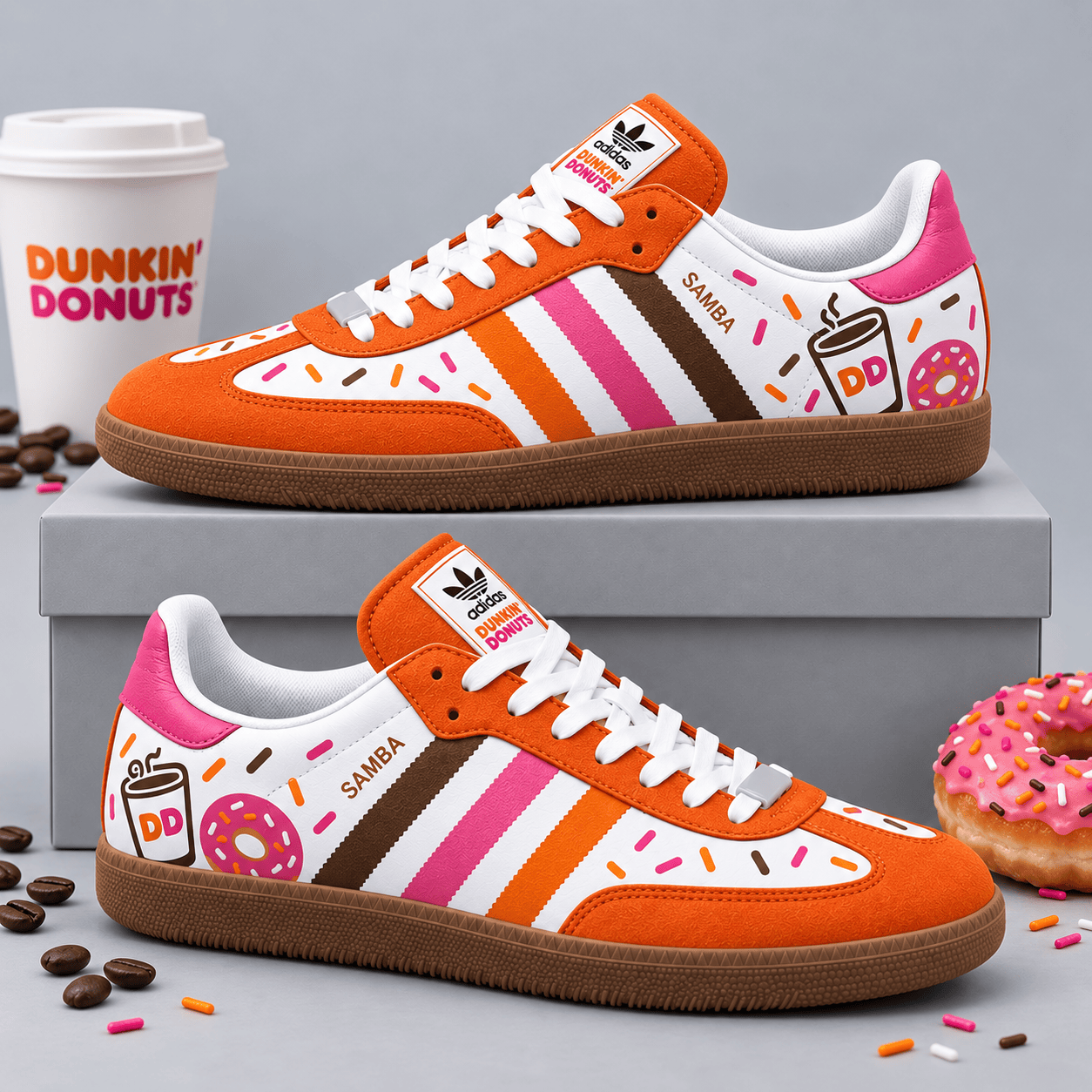 Dunkin Donuts Orange Pink Cups And Cheerful Donut Treats Adidas Samba OG Graphic Shoes NDN Shoes Product Mockup