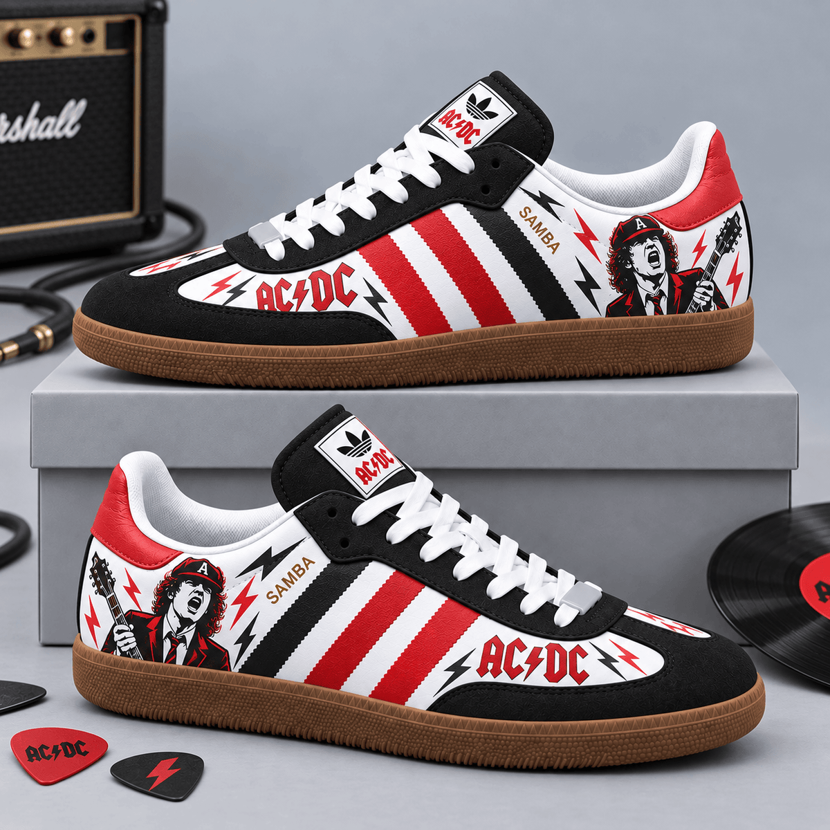 AC DC Electric Black Red Guitarist And Lightning Bolts Adidas Samba OG Graphic Shoes NDN Shoes Product Mockup