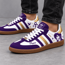 Prince Royal Purple Gold Portrait And Iconic Symbol Adidas Samba OG Graphic Shoes NDN Shoes Worn Mockup