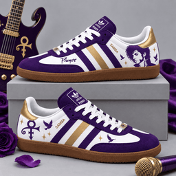 Prince Royal Purple Gold Portrait And Iconic Symbol Adidas Samba OG Graphic Shoes NDN Shoes Product Mockup