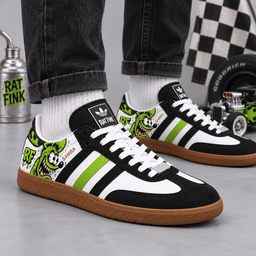 Rat Fink Wild Black Neon Green Monster And Hot Rod Adidas Samba OG Graphic Shoes NDN Shoes Worn Mockup