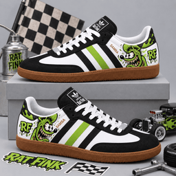 Rat Fink Wild Black Neon Green Monster And Hot Rod Adidas Samba OG Graphic Shoes NDN Shoes Product Mockup
