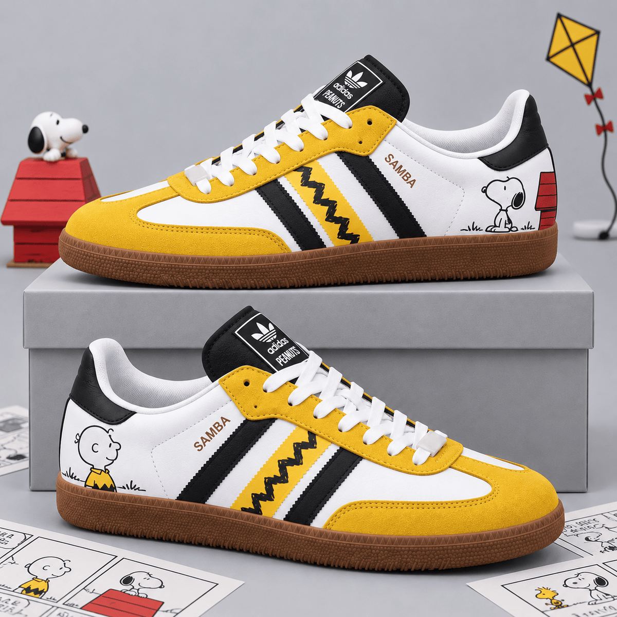 Peanuts Snoopy Charlie Brown Yellow Zigzag And Kite Adidas Samba OG Graphic Shoes NDN Shoes Product Mockup