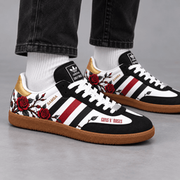 Guns N' Roses Black Red Skulls And Crimson Roses Adidas Samba OG Graphic Shoes NDN Shoes Worn Mockup