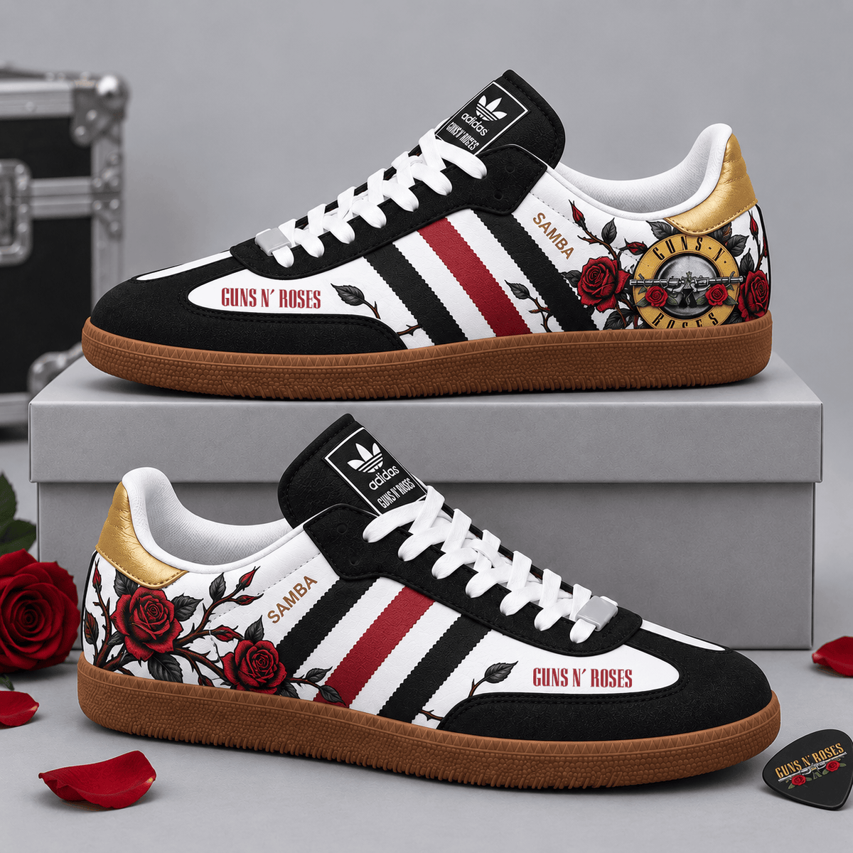 Guns N' Roses Black Red Skulls And Crimson Roses Adidas Samba OG Graphic Shoes NDN Shoes Product Mockup