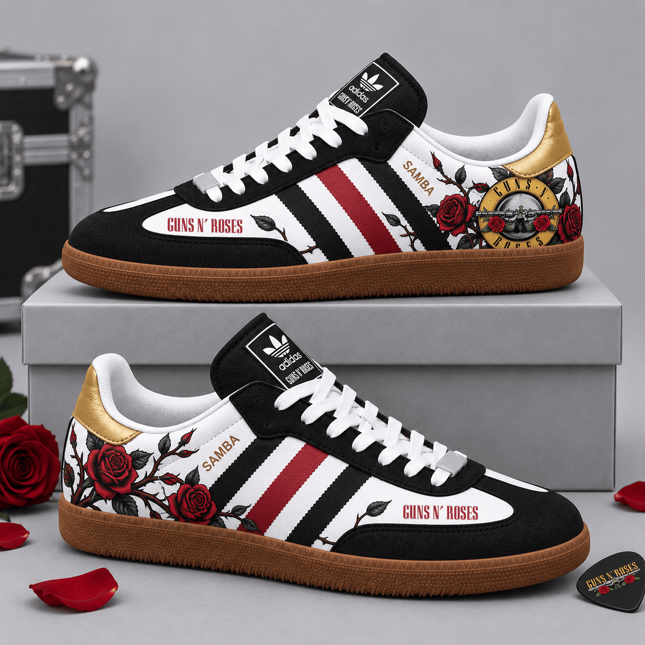 Guns N' Roses Black Red Skulls And Crimson Roses Adidas Samba OG Graphic Shoes NDN Shoes Product Mockup