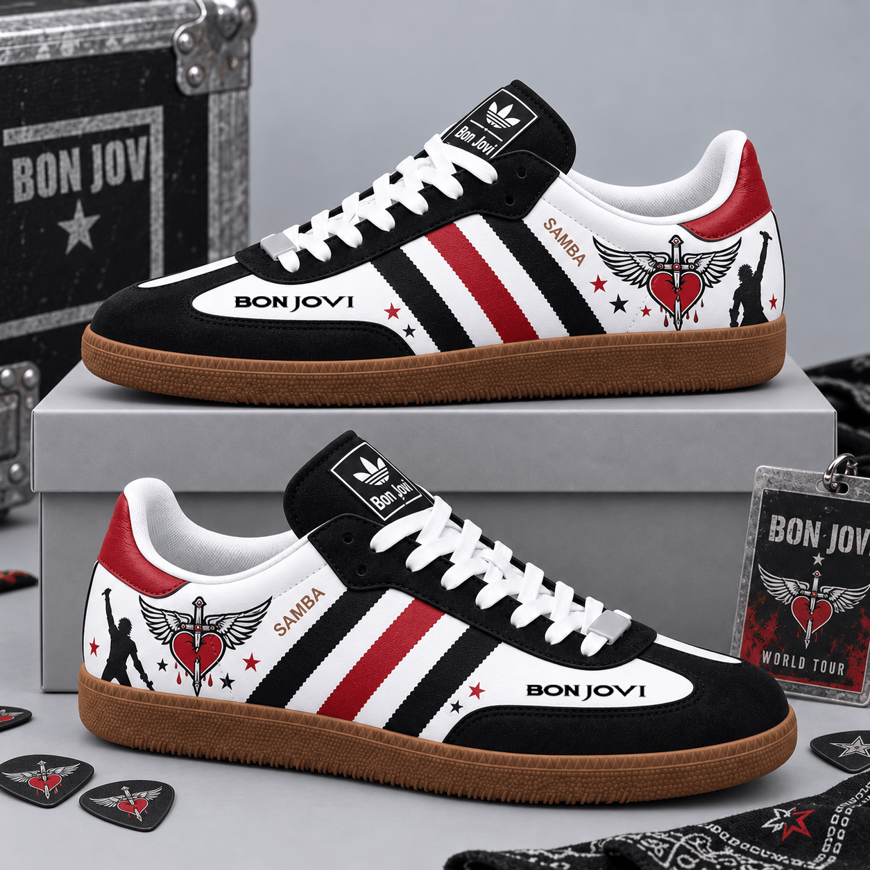 Bon Jovi Iconic Black Red Heart And Dagger Emblem Adidas Samba OG Graphic Shoes NDN Shoes Product Mockup