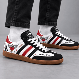 Bon Jovi Iconic Black Red Heart And Dagger Emblem Adidas Samba OG Graphic Shoes NDN Shoes Worn Mockup