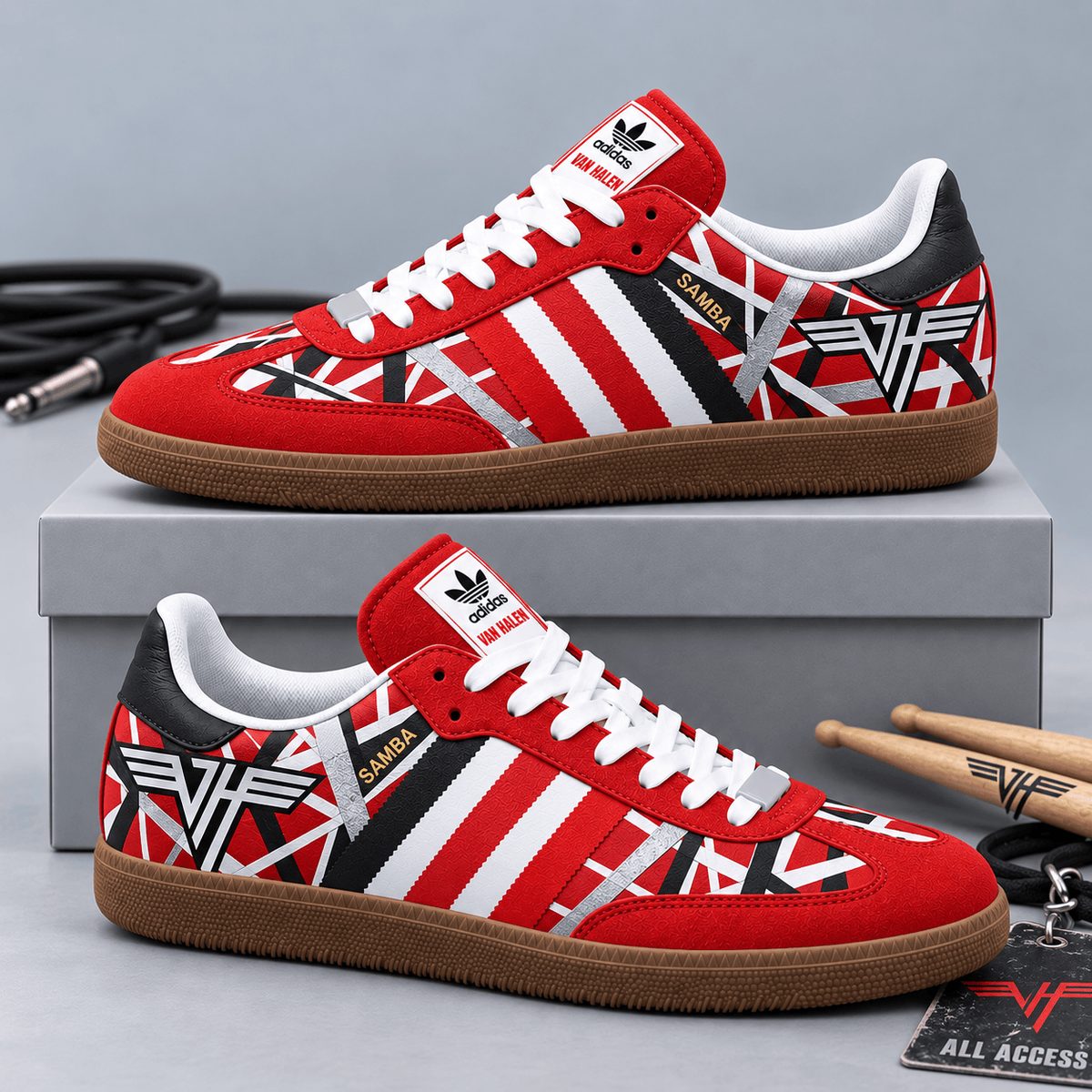 Van Halen Bright Red Striped Guitar And Stage Energy Adidas Samba OG Graphic Shoes NDN Shoes Product Mockup