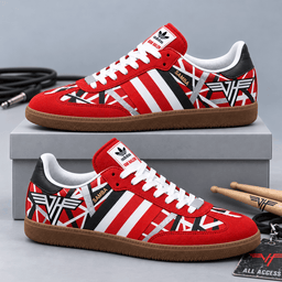 Van Halen Bright Red Striped Guitar And Stage Energy Adidas Samba OG Graphic Shoes NDN Shoes Product Mockup