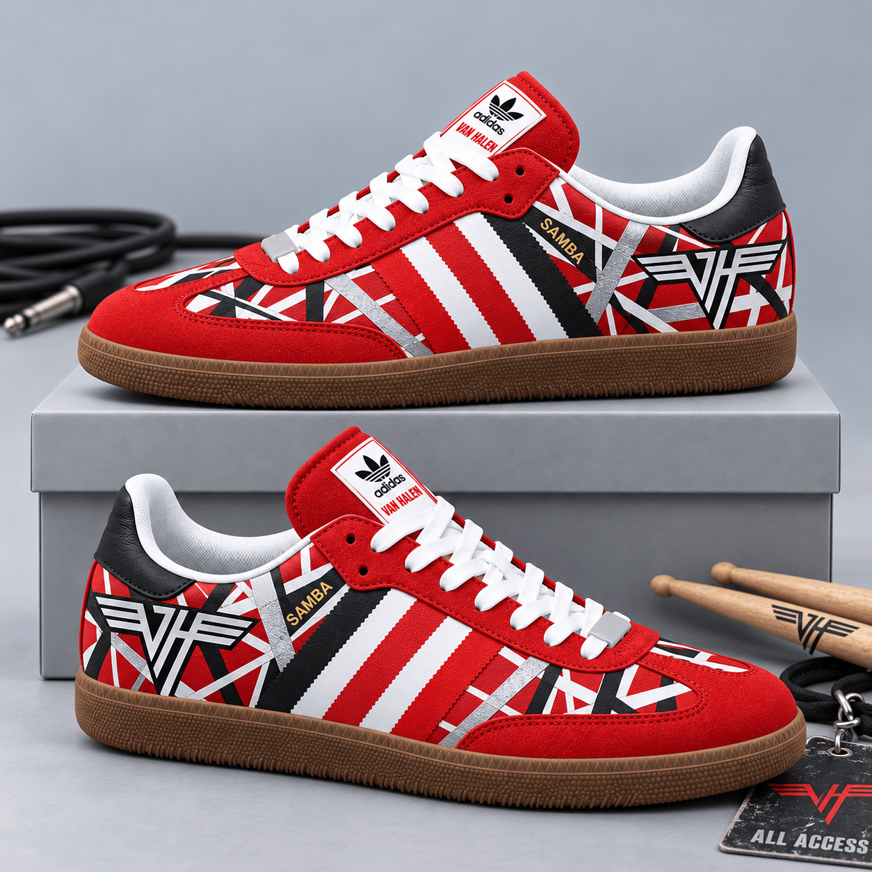 Van Halen Bright Red Striped Guitar And Stage Energy Adidas Samba OG Graphic Shoes NDN Shoes Product Mockup
