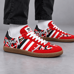Van Halen Bright Red Striped Guitar And Stage Energy Adidas Samba OG Graphic Shoes NDN Shoes Worn Mockup