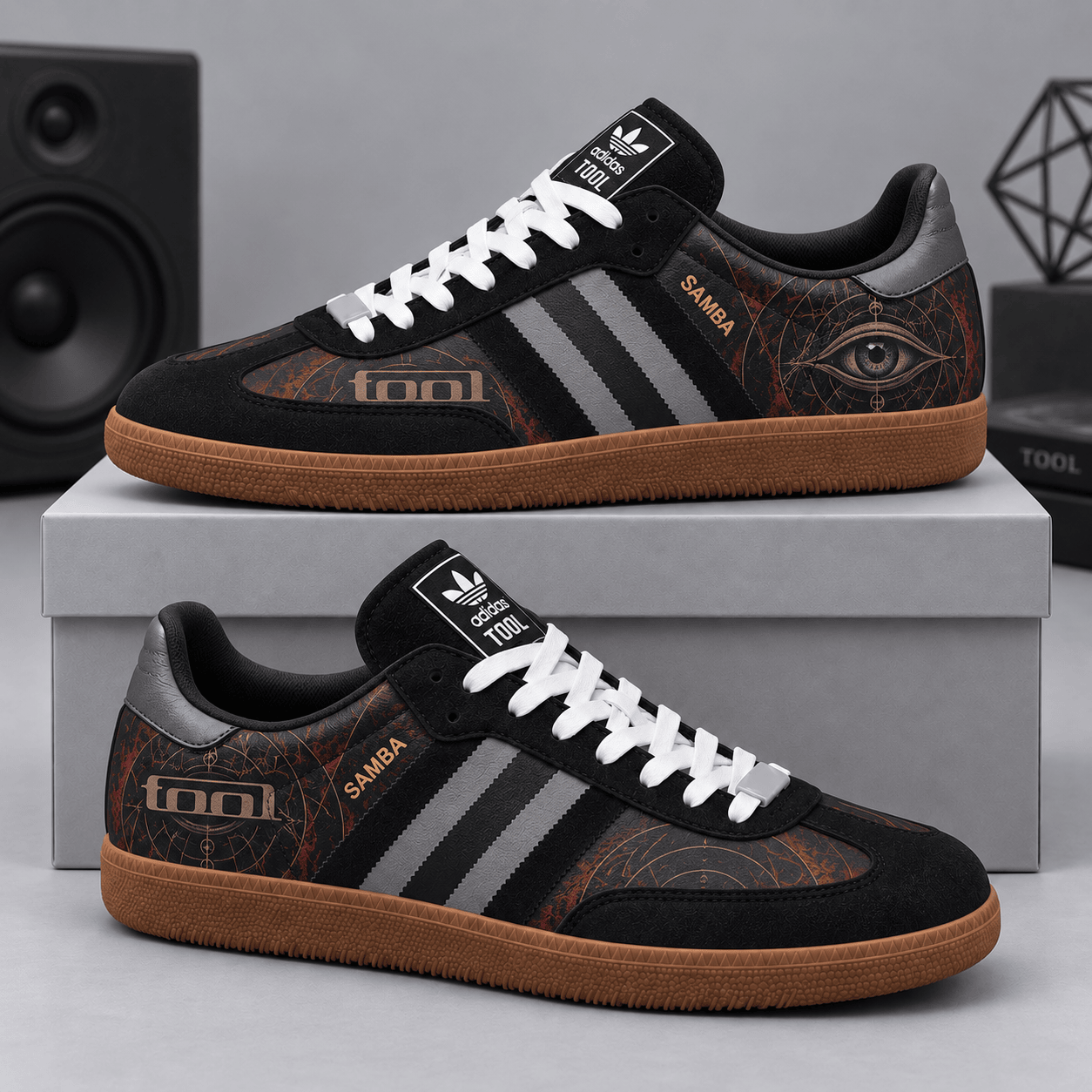 Tool Mystical Black Bronze Occult Geometry And Watching Eye Adidas Samba OG Graphic Shoes NDN Shoes Product Mockup