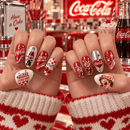 Coca-Cola Vintage Bottles and Red Gingham Press-On Nail Set for Retro Soda Fans NDN Press On Nail Worn Image