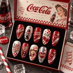 Coca-Cola Vintage Bottles and Red Gingham Press-On Nail Set for Retro Soda Fans NDN Press On Nail Product Image