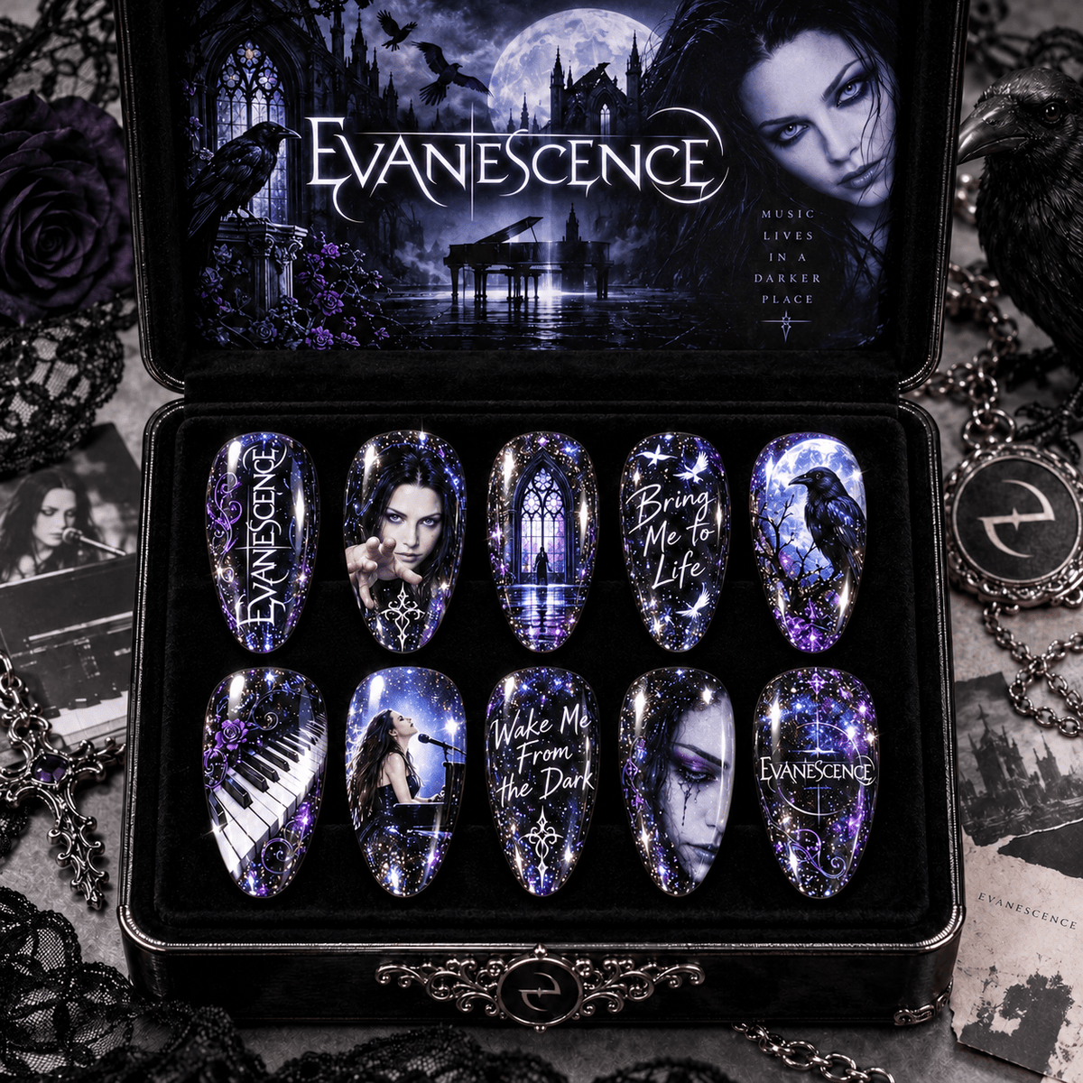 Evanescence Moonlit Gothic Portrait Press-On Nail Set for Alternative Rock Fans NDN Press On Nail Product Image