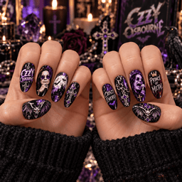 Ozzy Osbourne Crazy Train Gothic Portrait Press-On Nail Set for Heavy Metal Fans NDN Press On Nail Worn Image