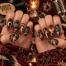 Greta Van Fleet Sepia Band Portrait Press-On Nail Set for Classic Rock Fans NDN Press On Nail Worn Image