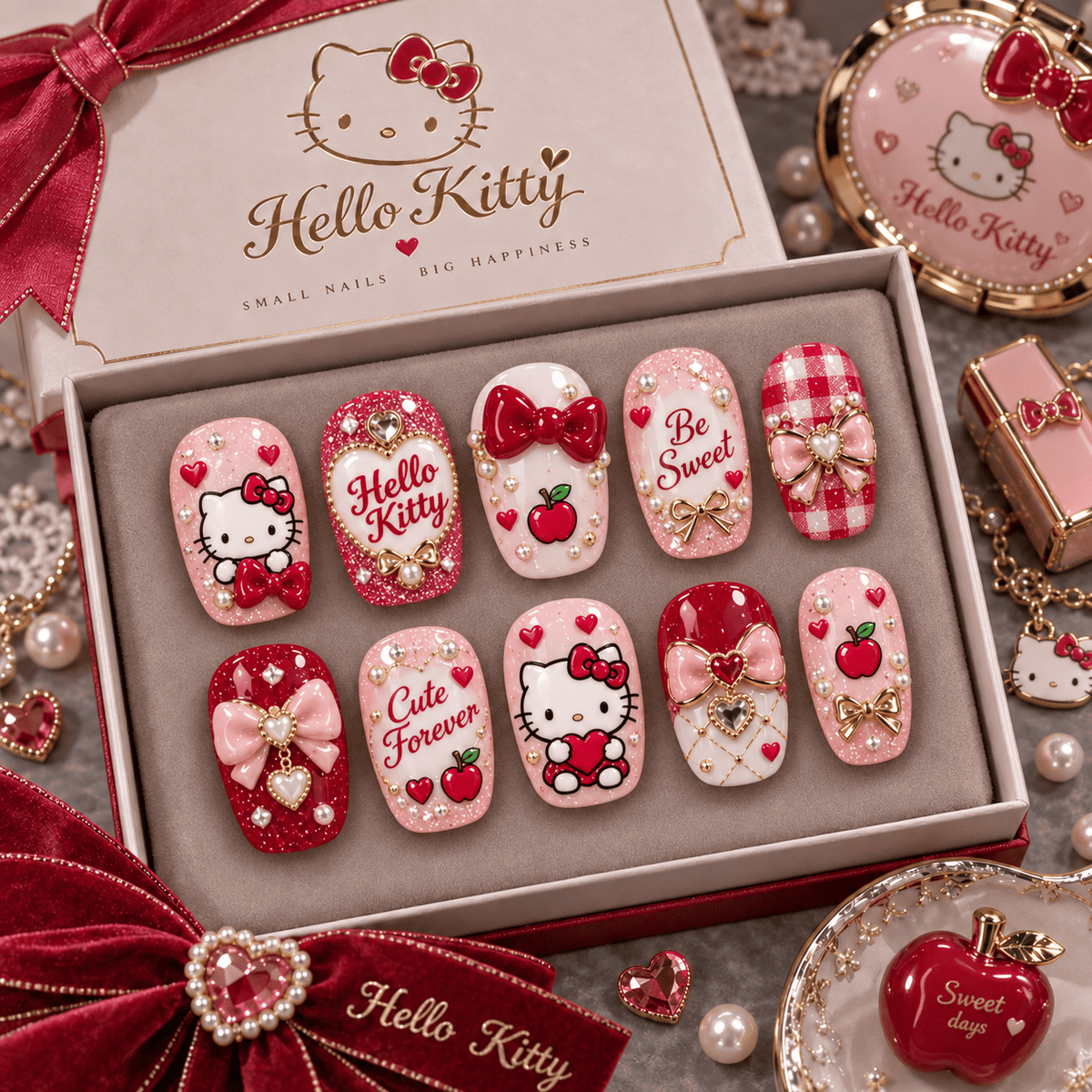 Hello Kitty Pink Bows Hearts and Cherries Press-On Nail Set for Cute Character Fans NDN Press On Nail Product Image