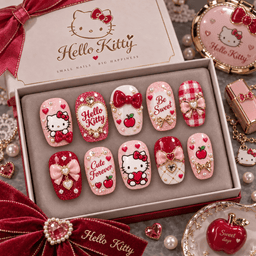 Hello Kitty Pink Bows Hearts and Cherries Press-On Nail Set for Cute Character Fans NDN Press On Nail Product Image