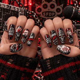 Five Finger Death Punch Skulls and Brass Knuckles Press-On Nail Set for Metal Fans NDN Press On Nail Worn Image