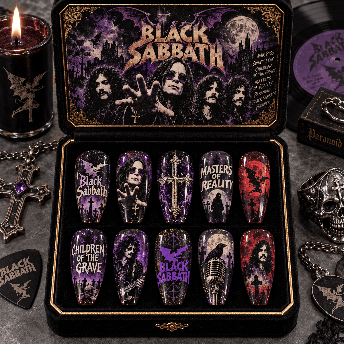 Black Sabbath Purple Flames Gothic Portrait Press-On Nail Set for Heavy Metal Fans NDN Press On Nail Product Image