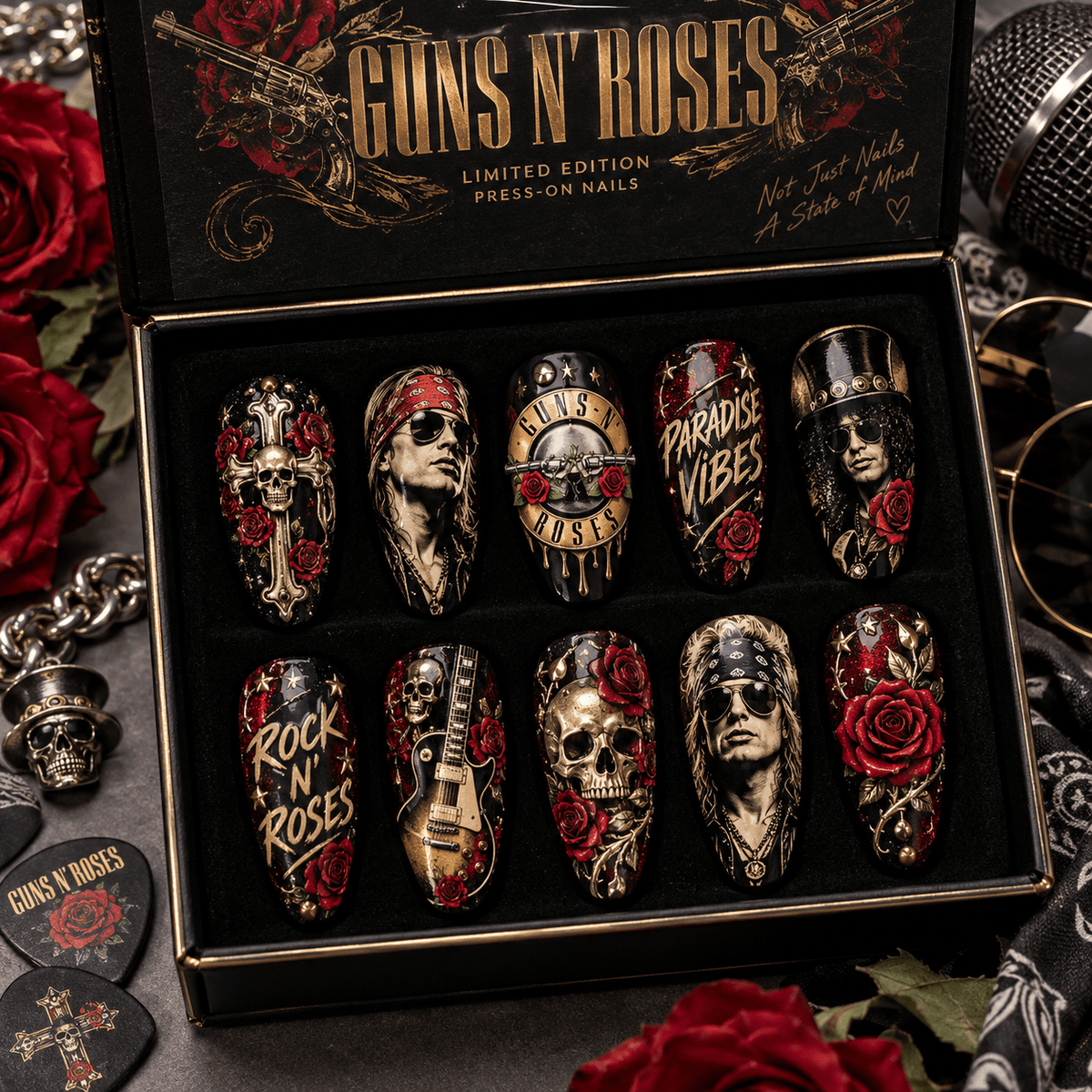 Guns N' Roses Skulls Roses and Rock Collage Press-On Nail Set for Hard Rock Fans NDN Press On Nail Product Image