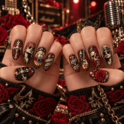 Guns N' Roses Skulls Roses and Rock Collage Press-On Nail Set for Hard Rock Fans NDN Press On Nail Worn Image