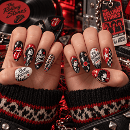 The Rolling Stones Tongue Logo and Leopard Print Press-On Nail Set for Classic Rock Fans NDN Press On Nail Worn Image