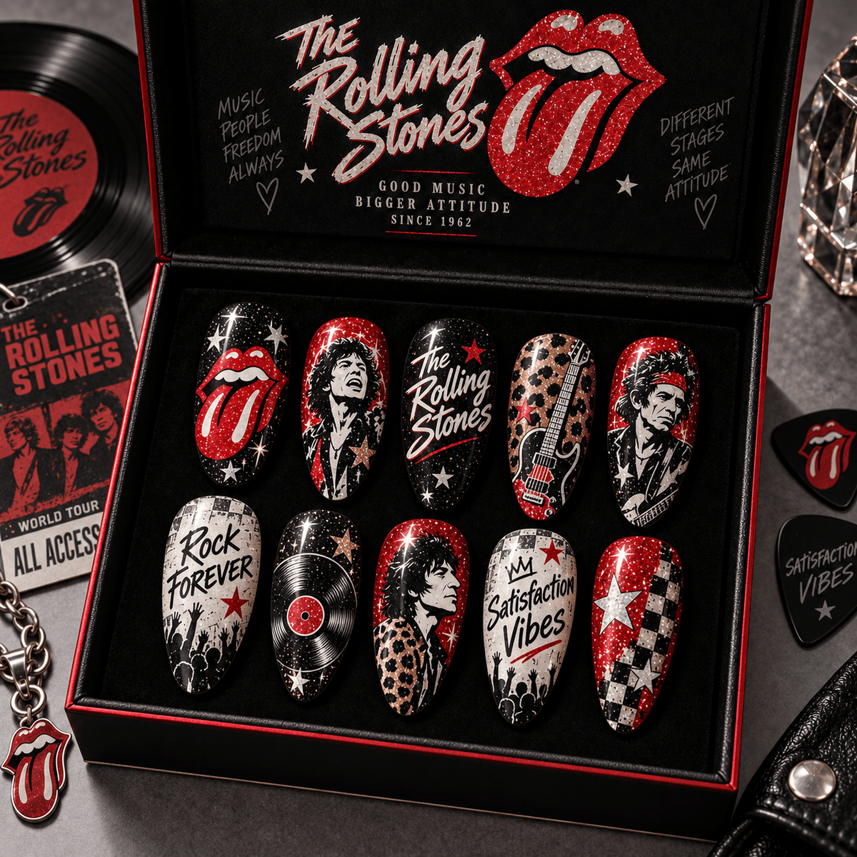 The Rolling Stones Tongue Logo and Leopard Print Press-On Nail Set for Classic Rock Fans NDN Press On Nail Product Image