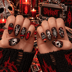 Slipknot Masked Portrait and Red Nonagram Press-On Nail Set for Metal Fans NDN Press On Nail Worn Image