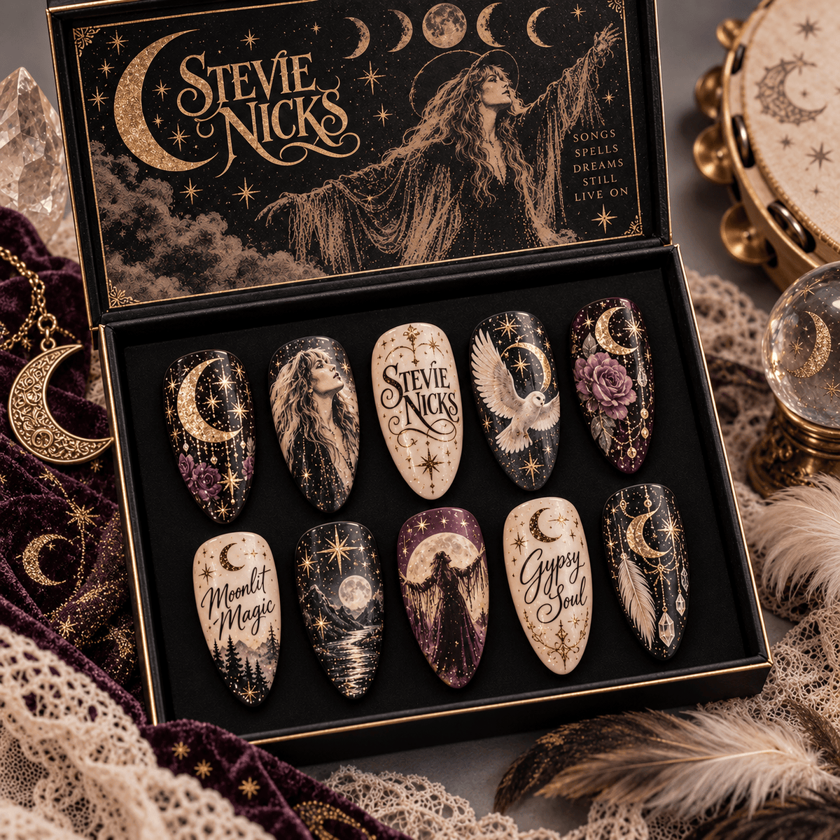 Stevie Nicks Moonlit Bohemian Portrait Press-On Nail Set for Classic Rock Fans NDN Press On Nail Product Image