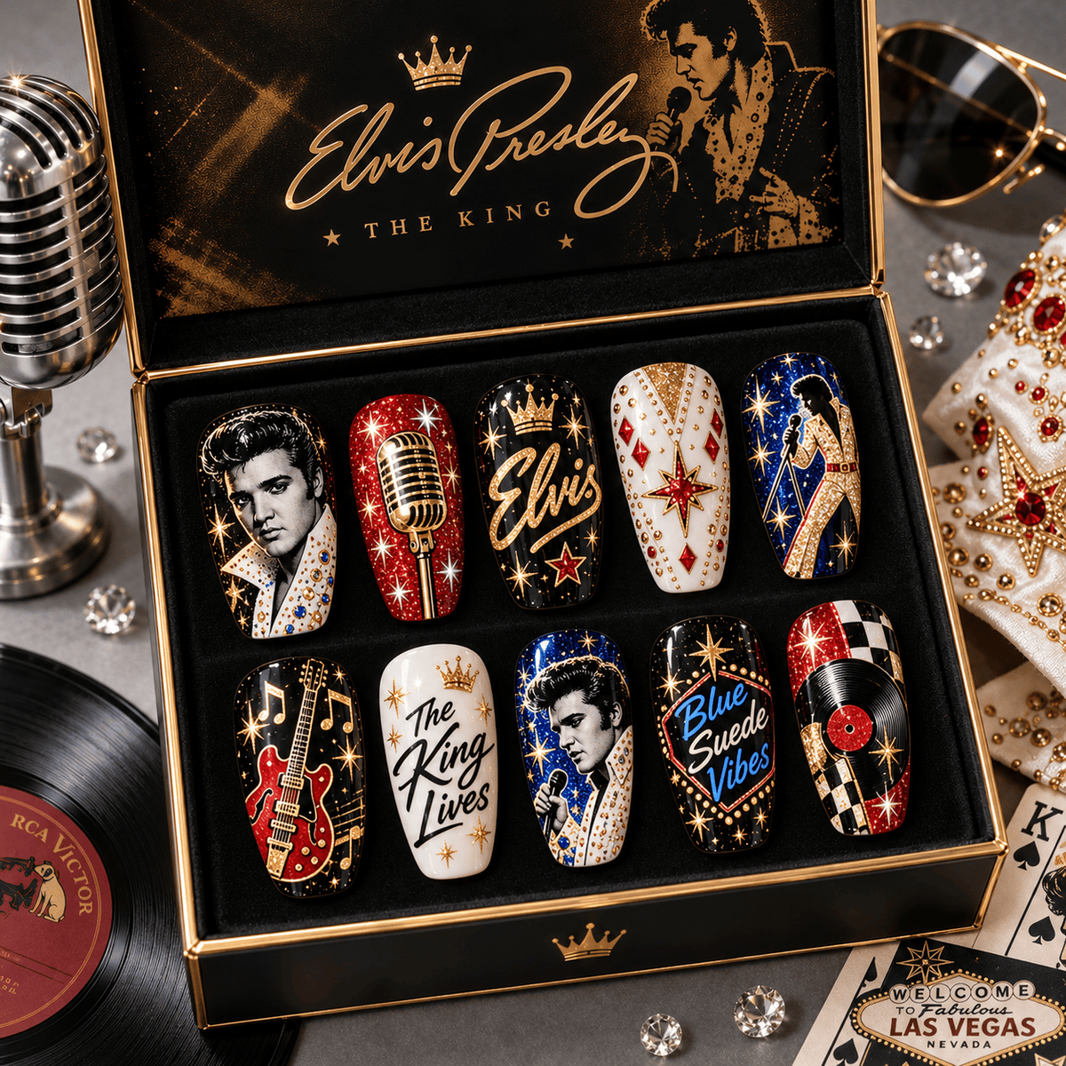 Elvis Presley The King Vegas Portrait Press-On Nail Set for Rock And Roll Fans NDN Press On Nail Product Image