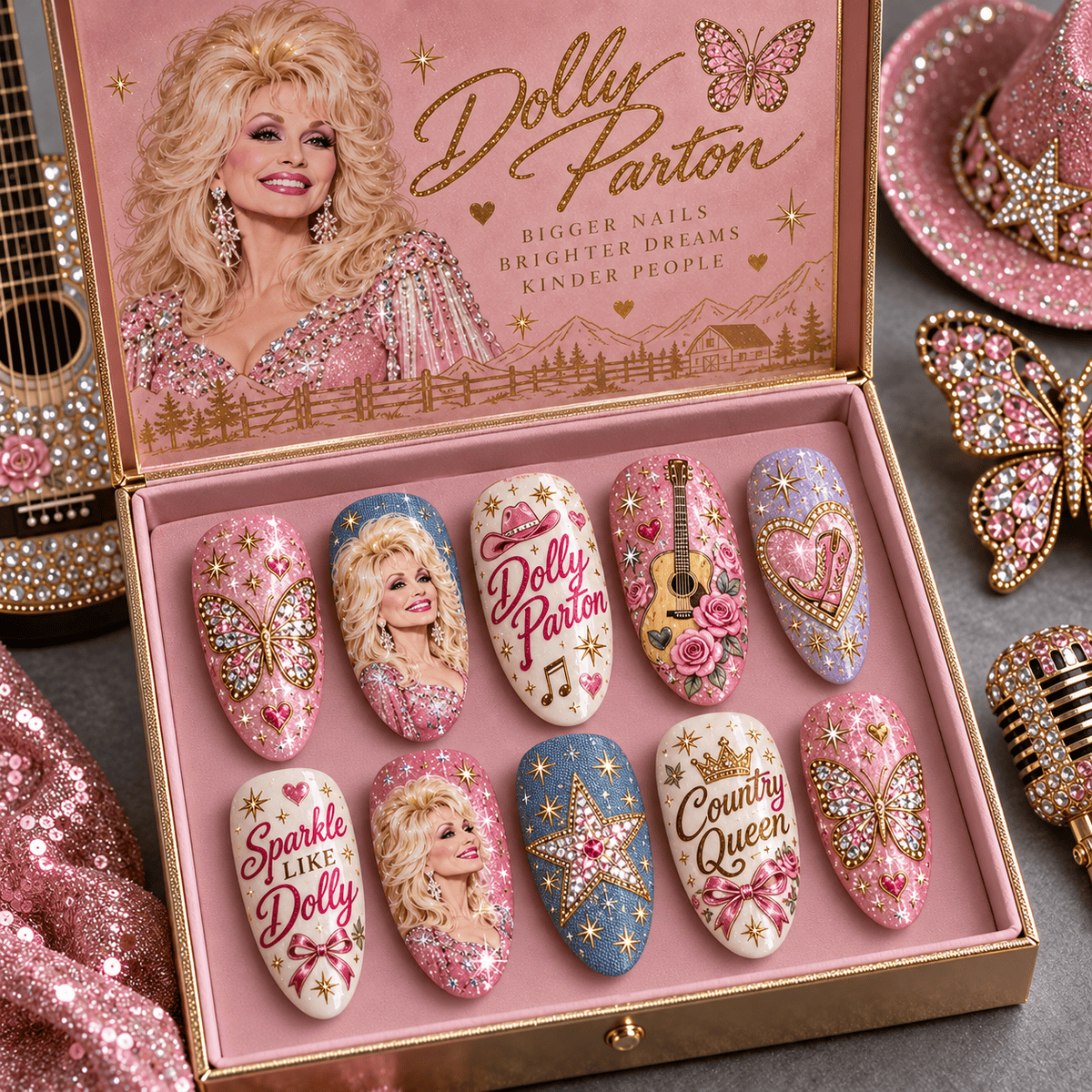 Dolly Parton Pink Butterfly Country Glamour Press-On Nail Set for Country Music Fans NDN Press On Nail Product Image