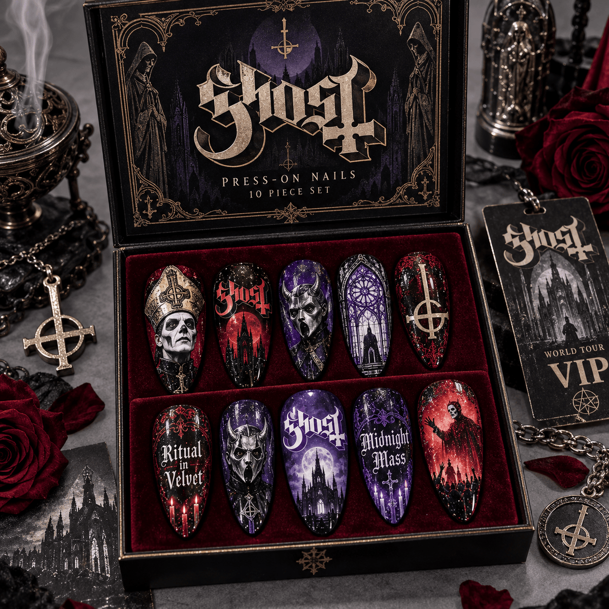 Ghost Papa Emeritus Gothic Symbols Press-On Nail Set for Metal Fans NDN Press On Nail Product Image