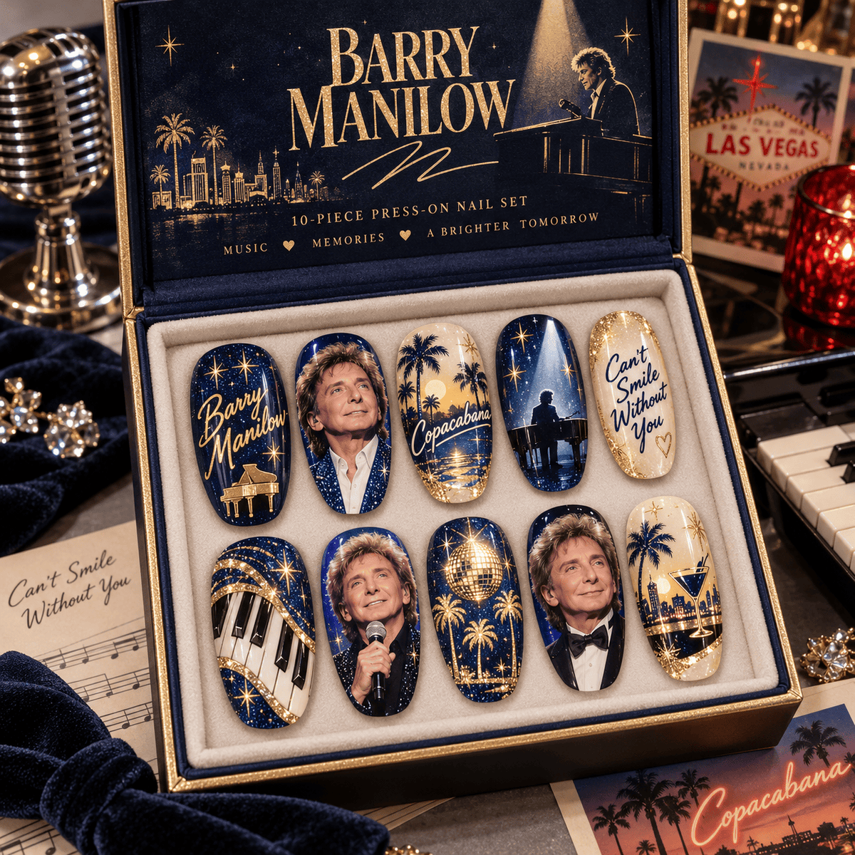 Barry Manilow Copacabana Piano Portrait Press-On Nail Set for Pop Music Fans NDN Press On Nail Product Image
