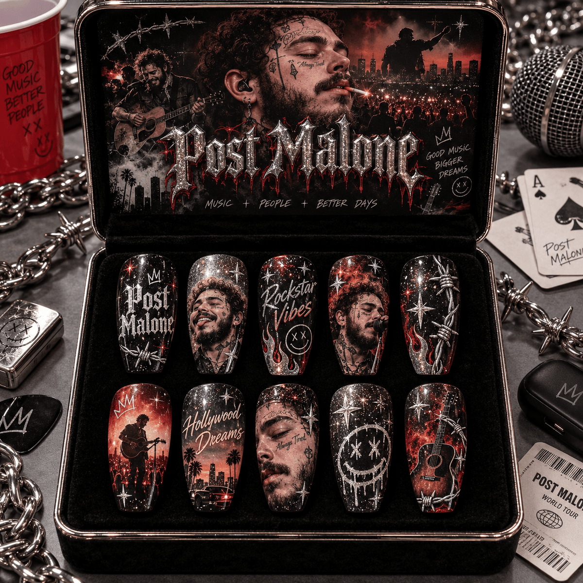 Post Malone Dark Rose Portrait Press-On Nail Set for Hip-Hop Fans NDN Press On Nail Product Image