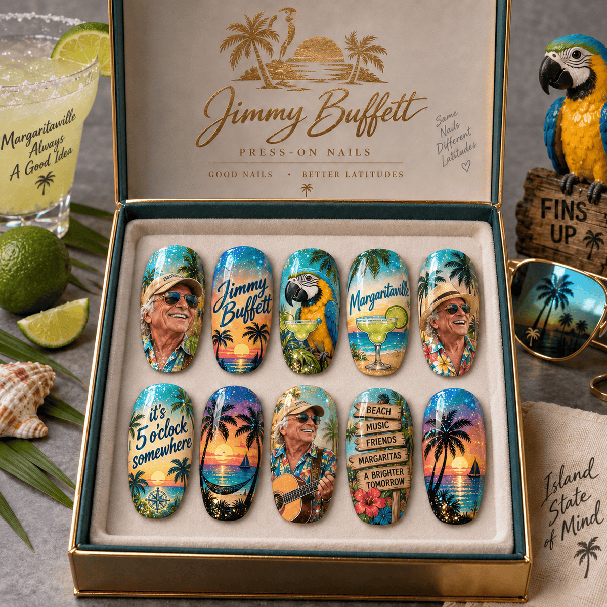 Jimmy Buffett Parrot and Island Sunset Press-On Nail Set for Tropical Music Fans NDN Press On Nail Product Image