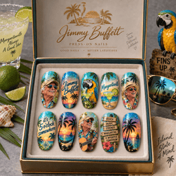 Jimmy Buffett Parrot and Island Sunset Press-On Nail Set for Tropical Music Fans NDN Press On Nail Product Image
