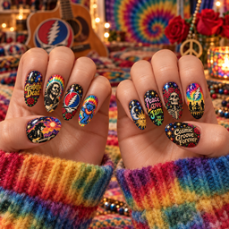 Grateful Dead Dancing Bears and Lightning Skull Press-On Nail Set for Psychedelic Rock Fans NDN Press On Nail Worn Image