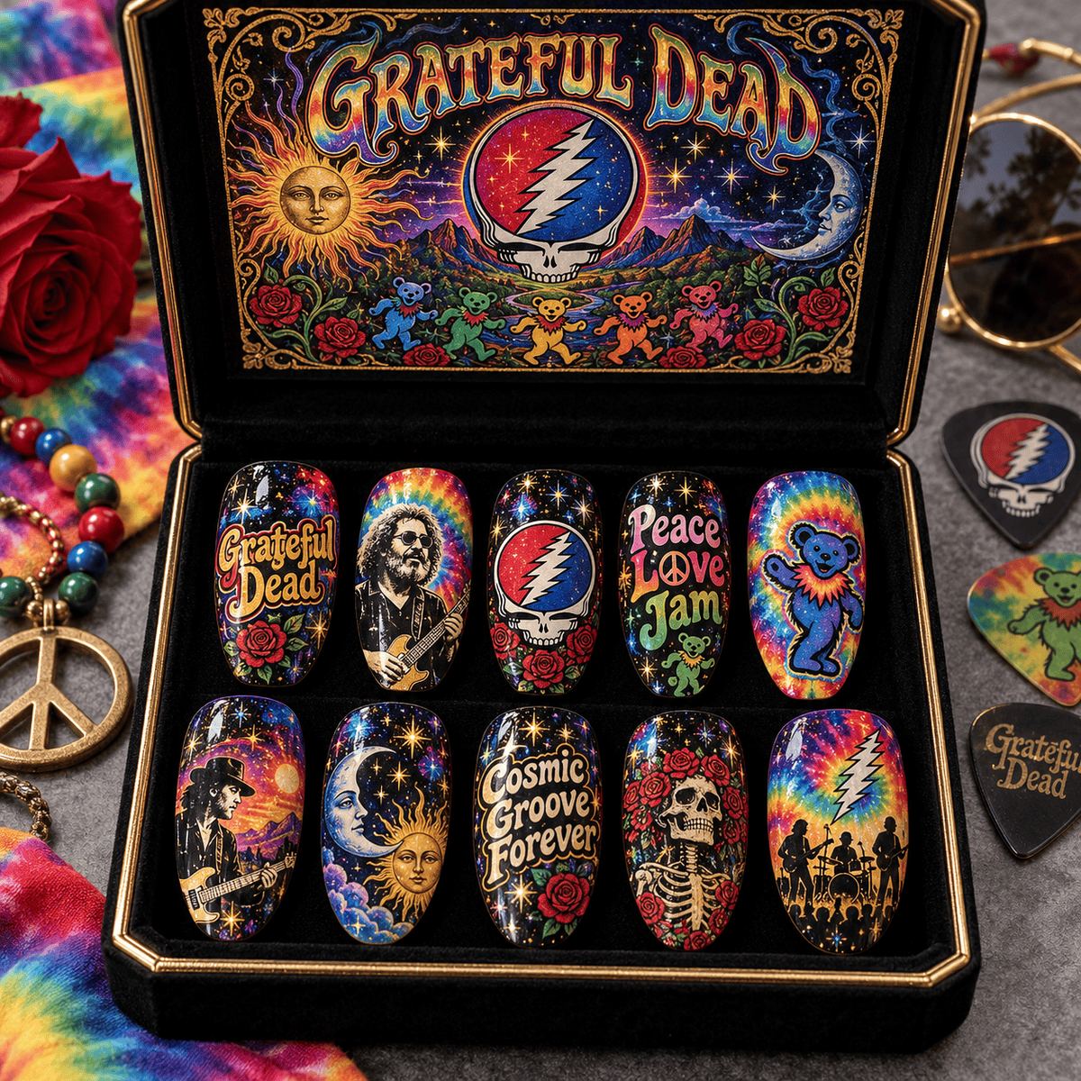 Grateful Dead Dancing Bears and Lightning Skull Press-On Nail Set for Psychedelic Rock Fans NDN Press On Nail Product Image