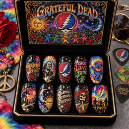 Grateful Dead Dancing Bears and Lightning Skull Press-On Nail Set for Psychedelic Rock Fans NDN Press On Nail Product Image