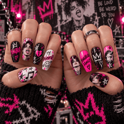 YUNGBLUD Hot Pink Graffiti Portrait Press-On Nail Set for Alternative Rock Fans NDN Press On Nail Worn Image