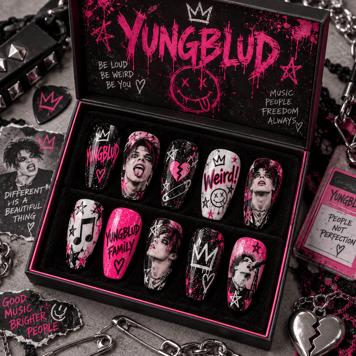 YUNGBLUD Hot Pink Graffiti Portrait Press-On Nail Set for Alternative Rock Fans NDN Press On Nail Product Image