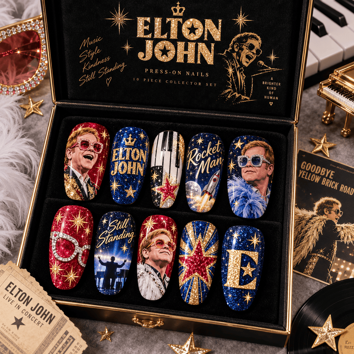 Elton John Piano and Starburst Portrait Press-On Nail Set for Pop Rock Fans NDN Press On Nail Product Image