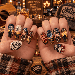Luke Combs Country Portrait and Beer Motifs Press-On Nail Set for Country Music Fans NDN Press On Nail Worn Image